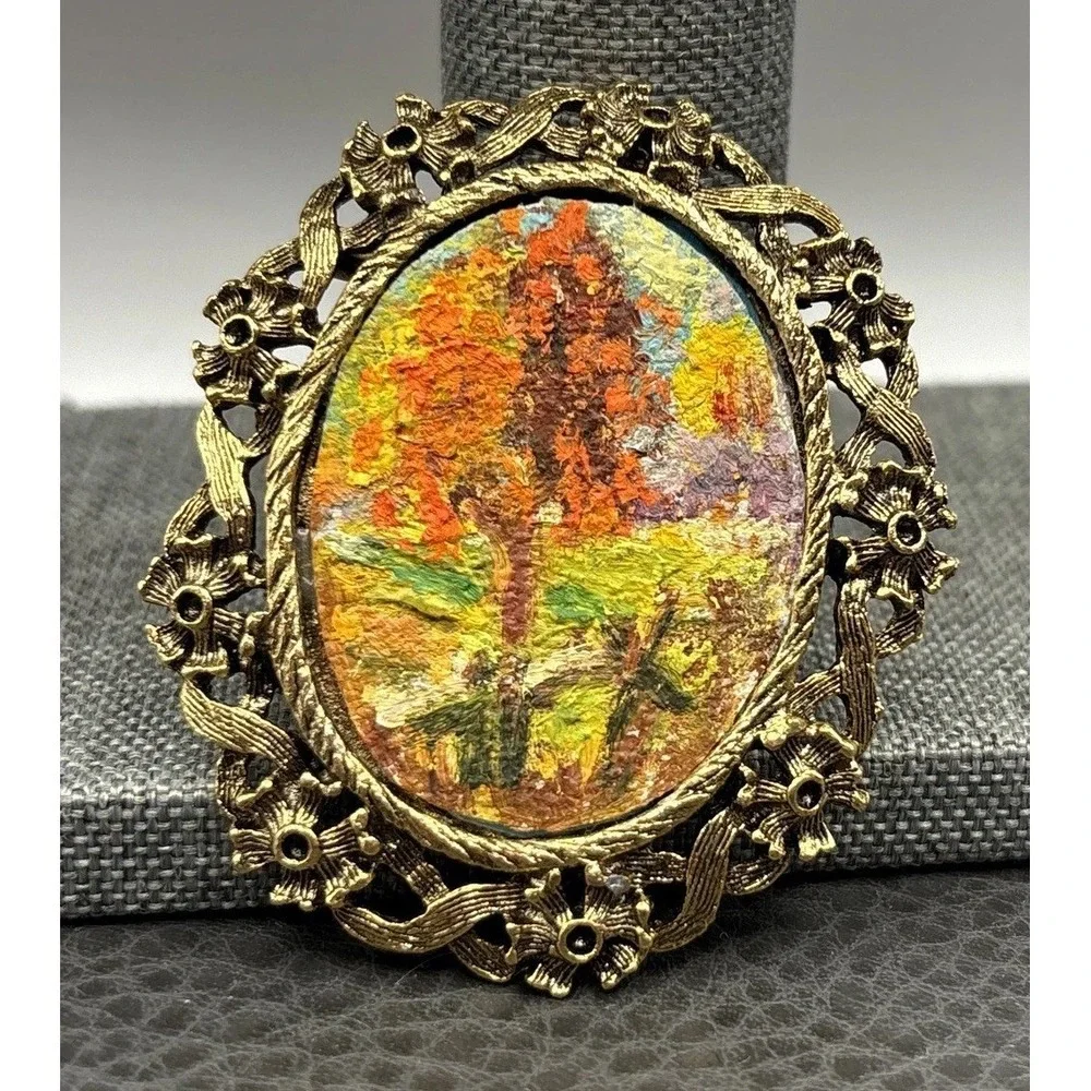 Vintage Ornate Landscape Painting Cameo Victorian Revival Brooch Gold Tone